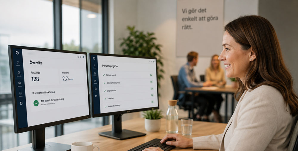 En kvinna sitter framför datorskärmar